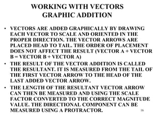 • VECTORS ARE ADDED GRAPHICALLY BY DRAWING
EACH VECTOR TO SCALE AND ORIENTED IN THE
PROPER DIRECTION. THE VECTOR ARROWS ARE
PLACED HEAD TO TAIL. THE ORDER OF PLACEMENT
DOES NOT AFFECT THE RESULT (VECTOR A + VECTOR
B = VECTOR B + VECTOR A)
• THE RESULT OF THE VECTOR ADDITION IS CALLED
THE RESULTANT. IT IS MEASURED FROM THE TAIL OF
THE FIRST VECTOR ARROW TO THE HEAD OF THE
LAST ADDED VECTOR ARROW.
• THE LENGTH OF THE RESULTANT VECTOR ARROW
CAN THEN BE MEASURED AND USING THE SCALE
FACTOR CONVERTED TO THE CORRECT MAGNITUDE
VALUE. THE DIRECTIONAL COMPONENT CAN BE
MEASURED USING A PROTRACTOR.
WORKING WITH VECTORS
GRAPHIC ADDITION
16
 