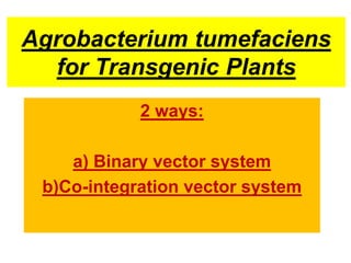 Agrobacterium tumefaciens
for Transgenic Plants
2 ways:
a) Binary vector system
b)Co-integration vector system
 