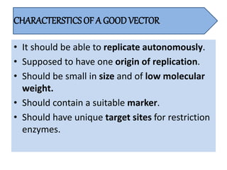 • It should be able to replicate autonomously.
• Supposed to have one origin of replication.
• Should be small in size and of low molecular
weight.
• Should contain a suitable marker.
• Should have unique target sites for restriction
enzymes.
CHARACTERSTICS OF A GOODVECTOR
 