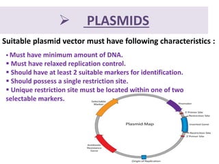  PLASMIDS
Suitable plasmid vector must have following characteristics :
 Must have minimum amount of DNA.
 Must have relaxed replication control.
 Should have at least 2 suitable markers for identification.
 Should possess a single restriction site.
 Unique restriction site must be located within one of two
selectable markers.
 