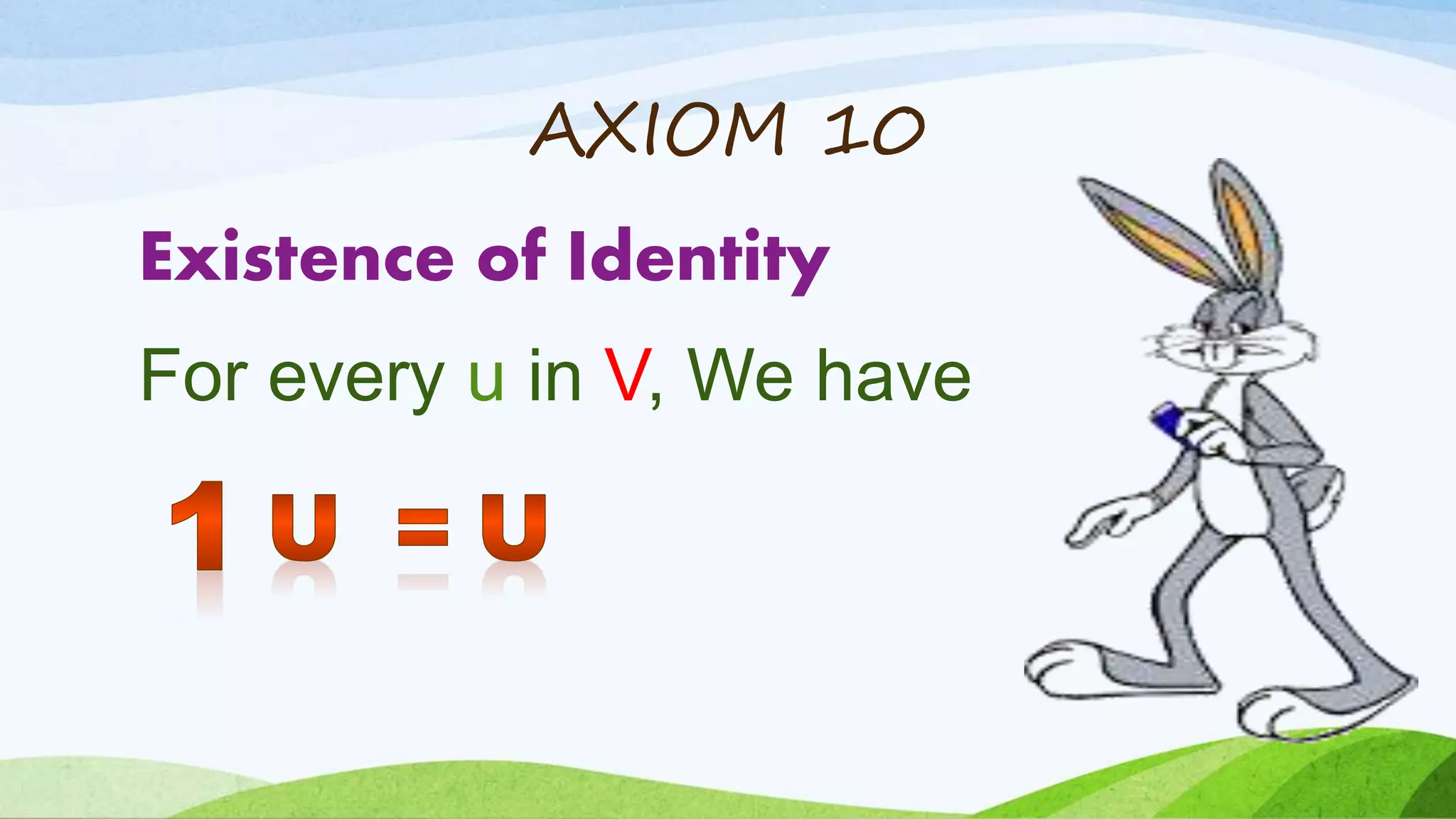 AXIOM 10
Existence of Identity
For every u in V, We have
 