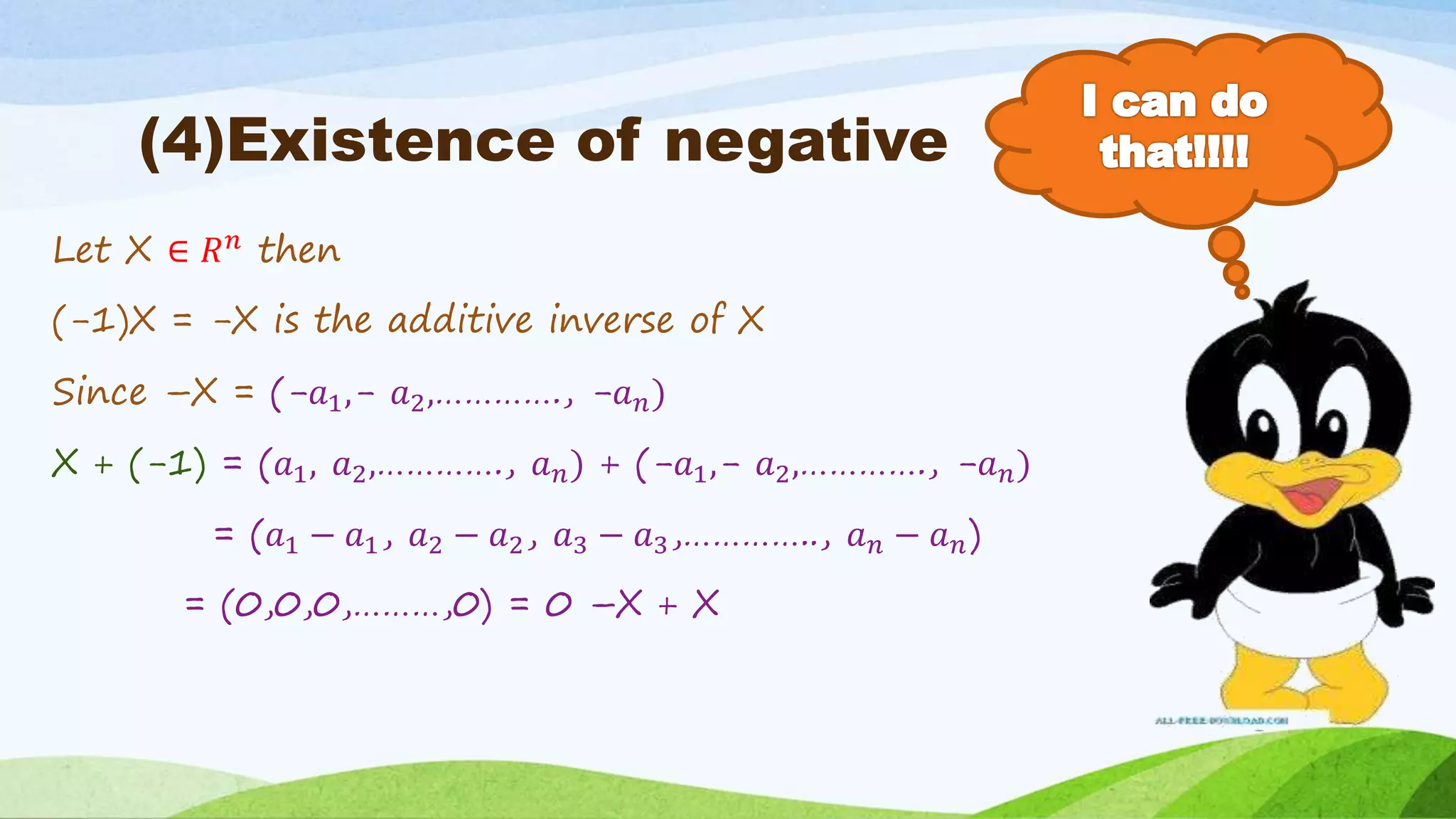 (4)Existence of negative
Let X ∈ 𝑅 𝑛
then
(-1)X = -X is the additive inverse of X
Since –X = (-𝑎1,- 𝑎2,…………., -𝑎 𝑛)
X + (-1) = (𝑎1, 𝑎2,…………., 𝑎 𝑛) + (-𝑎1,- 𝑎2,…………., -𝑎 𝑛)
= (𝑎1 − 𝑎1, 𝑎2 − 𝑎2, 𝑎3 − 𝑎3,………….., 𝑎 𝑛 − 𝑎 𝑛)
= (0,0,0,………,0) = 0 –X + X
 