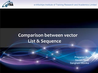 Click to add Title
Comparison between vector
List & Sequence
e-Infochips Institute of Training Research and Academics Limited
Prepared By:
Savani Nirali
Sanghani Monika
 