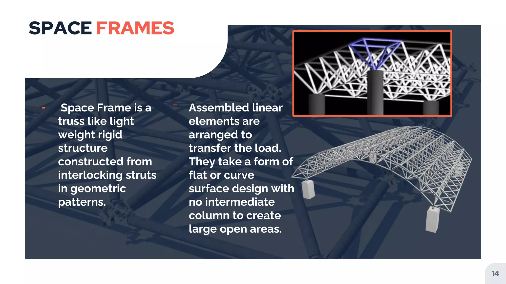 SPACE FRAMES
╸ Space Frame is a
truss like light
weight rigid
structure
constructed from
interlocking struts
in geometric
patterns.
‾ Assembled linear
elements are
arranged to
transfer the load.
They take a form of
flat or curve
surface design with
no intermediate
column to create
large open areas.
14
 