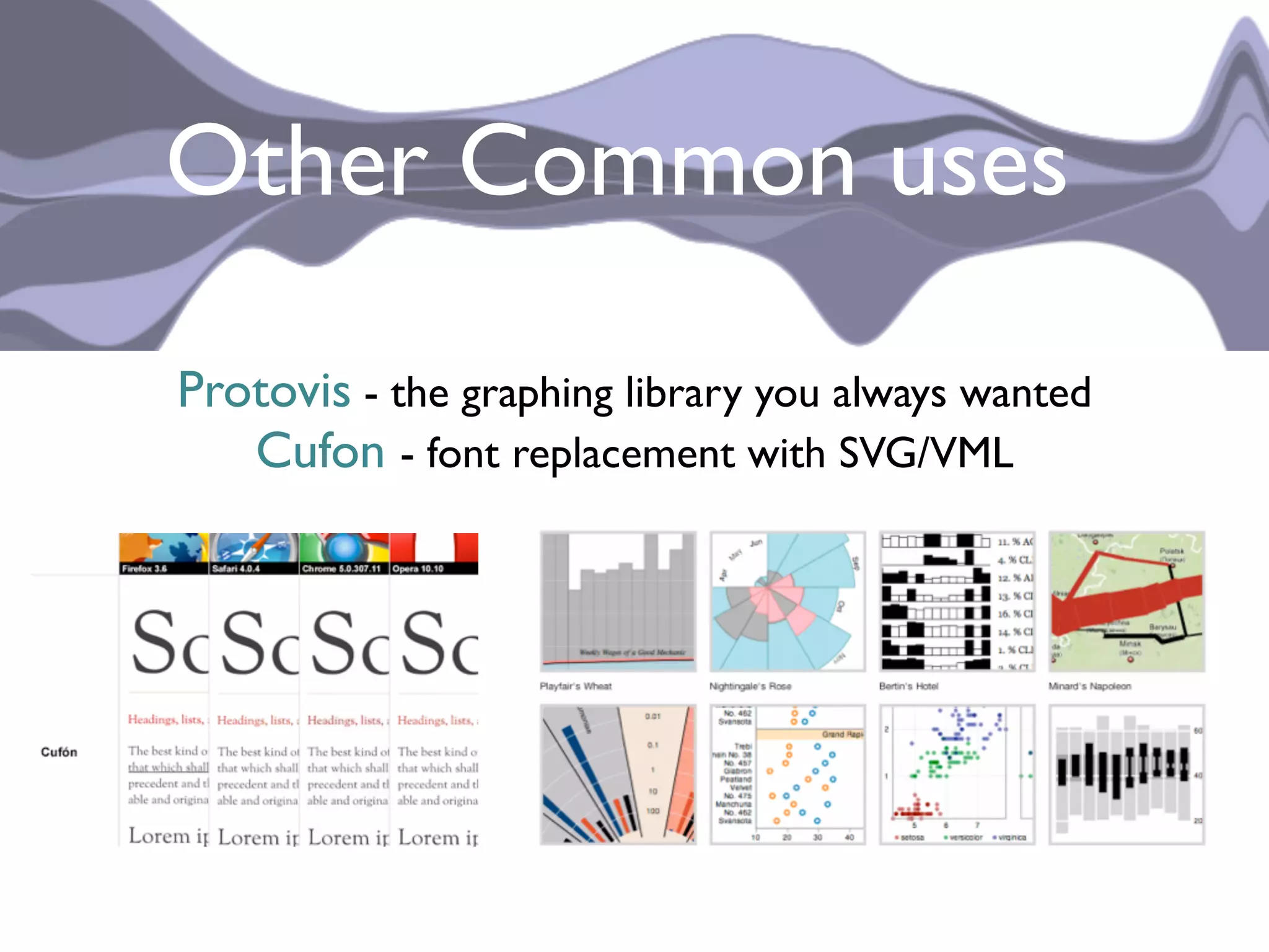 Other Common uses

Protovis - the graphing library you always wanted
   Cufon - font replacement with SVG/VML
 