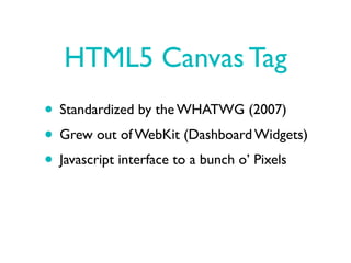HTML5 Canvas Tag
• Standardized by the WHATWG (2007)
• Grew out of WebKit (Dashboard Widgets)
• Javascript interface to a bunch o’ Pixels
 