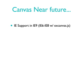 Canvas Near future...

• IE Support in IE9 (IE6-IE8 w/ excanvas.js)
 