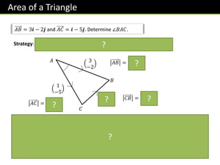 Area of a Triangle
𝐴𝐵 = 3𝒊 − 2𝒋 and 𝐴𝐶 = 𝒊 − 5𝒋. Determine ∠𝐵𝐴𝐶.
Strategy: Find 3 lengths of triangle then use cosine rule to find angle.
𝐴
𝐶
𝐵
3
−2
1
−5
2
3
𝐴𝐵 = 13
𝐴𝐶 = 26
𝐶𝐵 = 13
A clever student might at this point realise that we can divide all the lengths by 13 without changing ∠𝐵𝐴𝐶,
giving a 1: 1: 2 triangle (one of our ‘special’ triangles!), and thus instantly getting ∠𝐵𝐴𝐶 = 45°.
But let’s use a more general method of using the cosine rule:
𝑎 = 13, 𝑏 = 13, 𝑐 = 26
13 = 13 + 26 − 2 × 13 × 26 × cos 𝐴
cos 𝐴 =
1
2
→ 𝐴 = 45°
?
? ?
?
?
?
 