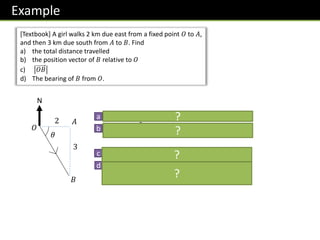 Example
[Textbook] A girl walks 2 km due east from a fixed point 𝑂 to 𝐴,
and then 3 km due south from 𝐴 to 𝐵. Find
a) the total distance travelled
b) the position vector of 𝐵 relative to 𝑂
c) 𝑂𝐵
d) The bearing of 𝐵 from 𝑂.
2
3
N
𝑂
𝐴
𝐵
𝜃
2 + 3 = 5𝑘𝑚
𝑂𝐵 =
2
−3
𝑘𝑚
𝑂𝐵 = 22 + 32 = 13 = 3.61𝑘𝑚 (3sf)
90° + tan−1
3
2
= 56.3°
a
b
c
d
?
?
?
?
 