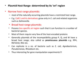 • Plasmid Host Range- determined by its ‘ori’ region
• Narrow host range plasmids:
– most of the naturally occurring plasmids have a restricted host range.
– E.g. ColE1 and its derivatives grow only in E. coli and related organisms
such as Salmonella.

• Broad host range plasmids:
• Possess less specific ori region such that it can function in a number of
bacterial species.
• Most of them require very few of the host-encoded proteins
• Generally plasmids of the incompatibility group P, Q, and W have a
broad host range; also called as promiscuous plasmids e.g. RP4,
RSF1010, RK2 etc.
• Can replicate in a no. of bacteria such as E. coli, Agrobacterium,
Pseudomonas, Rhizobium etc.
• Thus interesting for gene manipulation experiments!!!

 