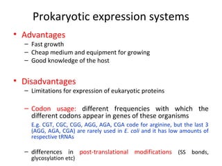 Prokaryotic expression systems
• Advantages

– Fast growth
– Cheap medium and equipment for growing
– Good knowledge of the host

• Disadvantages

– Limitations for expression of eukaryotic proteins

– Codon usage: different frequencies with which the
different codons appear in genes of these organisms
E.g. CGT, CGC, CGG, AGG, AGA, CGA code for arginine, but the last 3
(AGG, AGA, CGA) are rarely used in E. coli and it has low amounts of
respective tRNAs

– differences in post-translational modifications (SS bonds,
glycosylation etc)

 