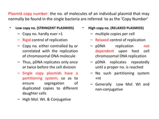 Plasmid copy number: the no. of molecules of an individual plasmid that may
normally be found in the single bacteria are referred to as the ‘Copy Number’
•

Low copy no. (STRINGENT PLASMIDS)

– Copy no. hardly ever >1
– Rigid control of replication
– Copy no. either controlled by or
correlated with the replication
of chromosomal DNA molecule
– Thus, pDNA replicates only once
or twice before the cell division
– Single copy plasmids have a
partitioning system; so as to
ensure
segregation
of
duplicated copies to different
daughter cells
– High Mol. Wt. & Conjugative

•

High copy no. (RELAXED PLASMIDS)

– multiple copies per cell
– Relaxed control of replication
– pDNA
replication
not
dependent upon host cell
chromosomal DNA replication
– pDNA replicates repeatedly
until a proper no. is reached
– No such partitioning system
+nt
– Generally Low Mol. Wt and
non-conjugative

 