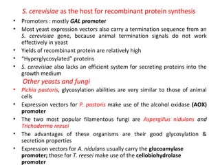 S. cerevisiae as the host for recombinant protein synthesis
•
•
•
•
•

Promoters : mostly GAL promoter
Most yeast expression vectors also carry a termination sequence from an
S. cerevisiae gene, because animal termination signals do not work
effectively in yeast
Yields of recombinant protein are relatively high
“Hyperglycosylated” proteins
S. cerevisiae also lacks an efficient system for secreting proteins into the
growth medium

Other yeasts and fungi

•
•
•
•
•

Pichia pastoris, glycosylation abilities are very similar to those of animal
cells
Expression vectors for P. pastoris make use of the alcohol oxidase (AOX)
promoter
The two most popular filamentous fungi are Aspergillus nidulans and
Trichoderma reesei
The advantages of these organisms are their good glycosylation &
secretion properties
Expression vectors for A. nidulans usually carry the glucoamylase
promoter; those for T. reesei make use of the cellobiohydrolase
promoter

 