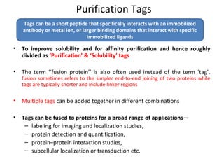 Purification Tags
Tags can be a short peptide that specifically interacts with an immobilized
antibody or metal ion, or larger binding domains that interact with specific
immobilized ligands

•

To improve solubility and for affinity purification and hence roughly
divided as ‘Purification’ & ‘Solubility’ tags

•

The term ‘‘fusion protein’’ is also often used instead of the term ‘tag’.

•

Multiple tags can be added together in different combinations

•

Tags can be fused to proteins for a broad range of applications—
– labeling for imaging and localization studies,
– protein detection and quantification,
– protein–protein interaction studies,
– subcellular localization or transduction etc.

fusion sometimes refers to the simpler end-to-end joining of two proteins while
tags are typically shorter and include linker regions

 