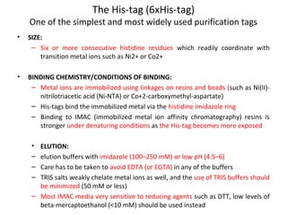 The His-tag (6xHis-tag)

One of the simplest and most widely used purification tags
•

SIZE:
– Six or more consecutive histidine residues which readily coordinate with
transition metal ions such as Ni2+ or Co2+

•

BINDING CHEMISTRY/CONDITIONS OF BINDING:
– Metal ions are immobilized using linkages on resins and beads (such as Ni(II)nitrilotriacetic acid (Ni-NTA) or Co+2-carboxymethyl-aspartate)
– His-tags bind the immobilized metal via the histidine imidazole ring
– Binding to IMAC (immobilized metal ion affinity chromatography) resins is
stronger under denaturing conditions as the His-tag becomes more exposed
•
–
–
–

ELUTION:
elution buffers with imidazole (100–250 mM) or low pH (4.5–6)
Care has to be taken to avoid EDTA (or EGTA) in any of the buffers
TRIS salts weakly chelate metal ions as well, and the use of TRIS buffers should
be minimized (50 mM or less)
– Most IMAC media very sensitive to reducing agents such as DTT, low levels of
beta-mercaptoethanol (<10 mM) should be used instead

 