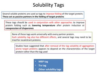 Solubility Tags
Several soluble proteins are used as tags to improve folding of the target protein;
These act as passive partners in the folding of target proteins
These tags should be used in conjunction with other approaches to improve
protein folding such as lowering temperature after protein induction or
coexpression of chaperones
None of these tags work universally with every partner protein.
Each solubility tag also has different effects, and several tags may need to be
tried for recalcitrant proteins
Studies have suggested that after removal of the tag solubility of aggregationprone target proteins appears to depend on the characteristics of the target
protein rather than the tag used

•
•
•

MBP tag
Trx tag
Other solubility tags

 