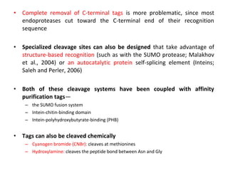 •

Complete removal of C-terminal tags is more problematic, since most
endoproteases cut toward the C-terminal end of their recognition
sequence

•

Specialized cleavage sites can also be designed that take advantage of
structure-based recognition (such as with the SUMO protease; Malakhov
et al., 2004) or an autocatalytic protein self-splicing element (Inteins;
Saleh and Perler, 2006)

•

Both of these cleavage systems have been coupled with affinity
purification tags—
– the SUMO fusion system
– Intein-chitin-binding domain
– Intein-polyhydroxybutyrate-binding (PHB)

•

Tags can also be cleaved chemically
– Cyanogen bromide (CNBr): cleaves at methionines
– Hydroxylamine: cleaves the peptide bond between Asn and Gly

 