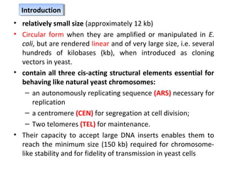 Introduction
Introduction
• relatively small size (approximately 12 kb)
• Circular form when they are amplified or manipulated in E.
coli, but are rendered linear and of very large size, i.e. several
hundreds of kilobases (kb), when introduced as cloning
vectors in yeast.
• contain all three cis-acting structural elements essential for
behaving like natural yeast chromosomes:
– an autonomously replicating sequence (ARS) necessary for
replication
– a centromere (CEN) for segregation at cell division;
– Two telomeres (TEL) for maintenance.
• Their capacity to accept large DNA inserts enables them to
reach the minimum size (150 kb) required for chromosomelike stability and for fidelity of transmission in yeast cells

 