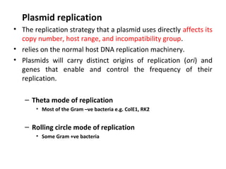 Plasmid replication
• The replication strategy that a plasmid uses directly affects its
copy number, host range, and incompatibility group.
• relies on the normal host DNA replication machinery.
• Plasmids will carry distinct origins of replication (ori) and
genes that enable and control the frequency of their
replication.
– Theta mode of replication
• Most of the Gram –ve bacteria e.g. ColE1, RK2

– Rolling circle mode of replication
• Some Gram +ve bacteria

 