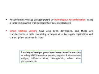 •

Recombinant viruses are generated by homologous recombination, using
a targeting plasmid transfected into virus-infected cells

•

Direct ligation vectors have also been developed, and these are
transfected into cells containing a helper virus to supply replication and
transcription enzymes in trans

A variety of foreign genes have been cloned in vaccinia
including HTLVIII envelope protein, hepatitis B virus surface
antigen, influenza virus, hemaglutinin, rabies virus
glycoprotein etc.

 