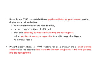 •

Recombinant SV40 vectors (rSV40) are good candidates for gene transfer, as they
display some unique features
– Non-replicative vectors are easy-to make,
– can be produced in titers of 1012 IU/ml.
– They also efficiently transduce both resting and dividing cells,
– deliver persistent transgene expression to a wide range of cell types,
– Non-immunogenic

•

Present disadvantages of rSV40 vectors for gene therapy are a small cloning
capacity and the possible risks related to random integration of the viral genome
into the host genome

 
