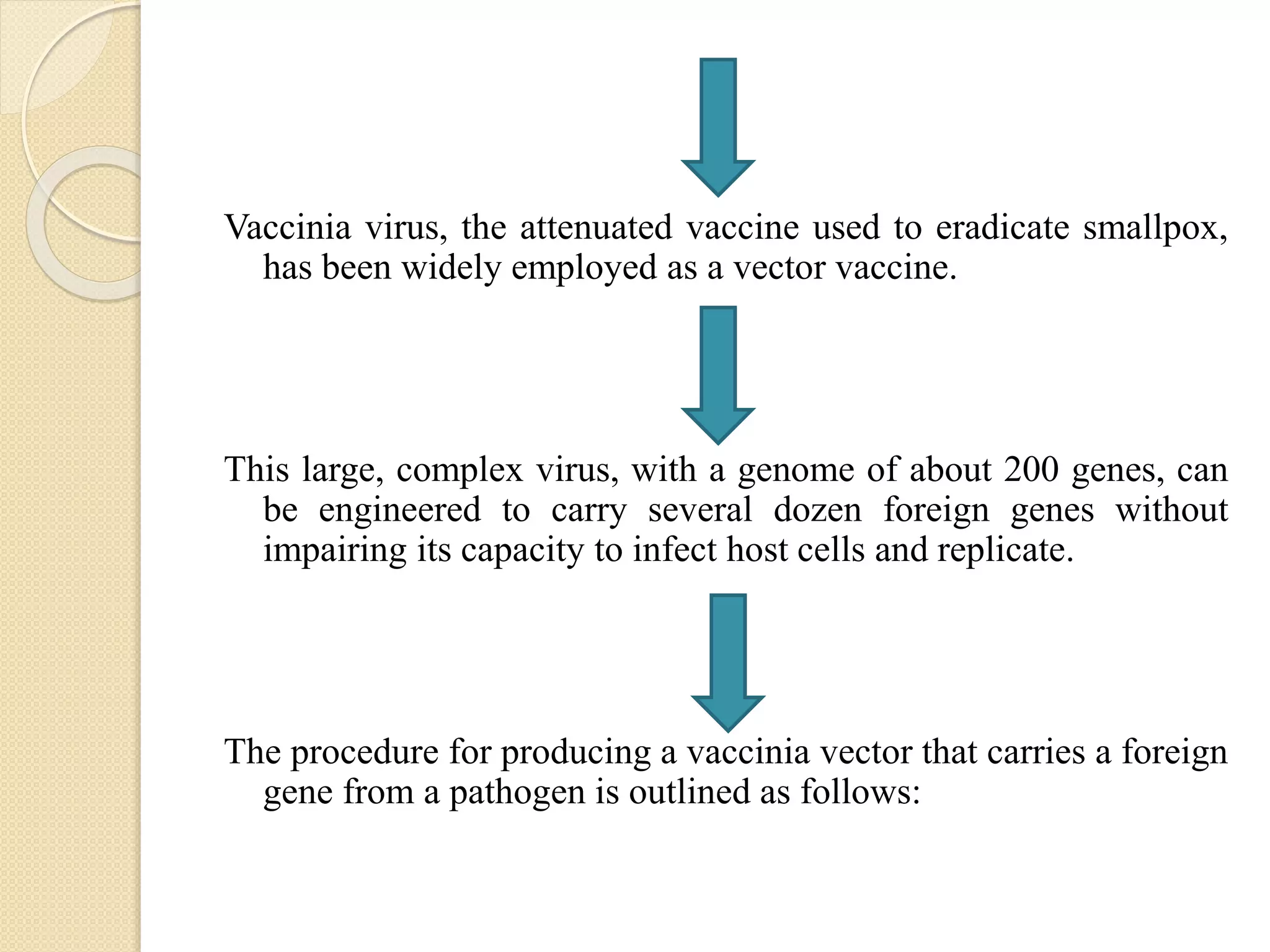 Vaccinia virus, the attenuated vaccine used to eradicate smallpox,
has been widely employed as a vector vaccine.
This large, complex virus, with a genome of about 200 genes, can
be engineered to carry several dozen foreign genes without
impairing its capacity to infect host cells and replicate.
The procedure for producing a vaccinia vector that carries a foreign
gene from a pathogen is outlined as follows:
 