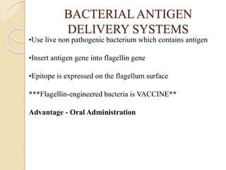 BACTERIAL ANTIGEN
DELIVERY SYSTEMS
•Use live non pathogenic bacterium which contains antigen
•Insert antigen gene into flagellin gene
•Epitope is expressed on the flagellum surface
***Flagellin-engineered bacteria is VACCINE**
Advantage - Oral Administration
 