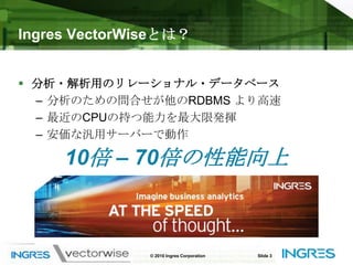 Ingres VectorWiseとは？分析・解析用のリレーショナル・データベース分析のための問合せが他のRDBMS より高速最近のCPUの持つ能力を最大限発揮安価な汎用サーバーで動作© 2010 Ingres CorporationSlide 310倍 – 70倍の性能向上