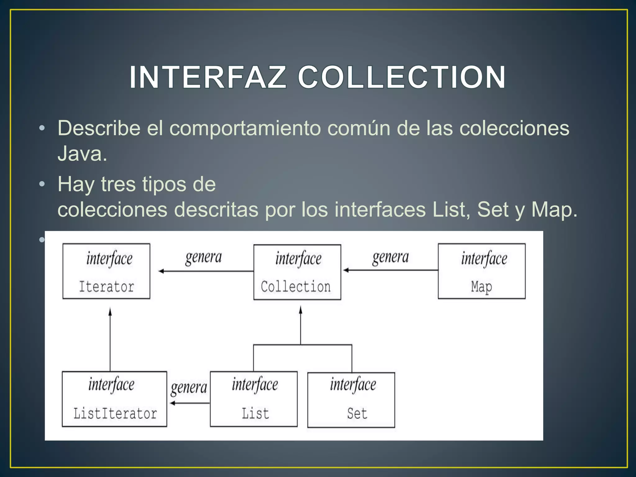 • Describe el comportamiento común de las colecciones
Java.
• Hay tres tipos de
colecciones descritas por los interfaces List, Set y Map.
•
 