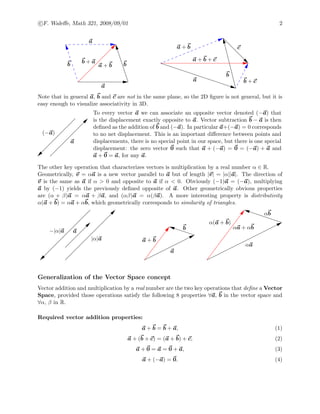 c F. Waleﬀe, Math 321, 2008/09/01 2
b b
a
a
b + a
a + b
a
b
ca + b
b + c
a + b + c
Note that in general a, b and c are not in the same plane, so the 2D ﬁgure is not general, but it is
easy enough to visualize associativity in 3D.
a
(−a)
To every vector a we can associate an opposite vector denoted (−a) that
is the displacement exactly opposite to a. Vector subtraction b − a is then
deﬁned as the addition of b and (−a). In particular a+(−a) = 0 corresponds
to no net displacement. This is an important diﬀerence between points and
displacements, there is no special point in our space, but there is one special
displacement: the zero vector 0 such that a + (−a) = 0 = (−a) + a and
a + 0 = a, for any a.
The other key operation that characterizes vectors is multiplication by a real number α ∈ R.
Geometrically, v = αa is a new vector parallel to a but of length |v| = |α||a|. The direction of
v is the same as a if α > 0 and opposite to a if α < 0. Obviously (−1)a = (−a), multiplying
a by (−1) yields the previously deﬁned opposite of a. Other geometrically obvious properties
are (α + β)a = αa + βa, and (αβ)a = α(βa). A more interesting property is distributivity
α(a + b) = αa + αb, which geometrically corresponds to similarity of triangles.
a−|α|a
|α|a
a
b
a + b
αa
αb
αa + αb
α(a + b)
Generalization of the Vector Space concept
Vector addition and multiplication by a real number are the two key operations that deﬁne a Vector
Space, provided those operations satisfy the following 8 properties ∀a, b in the vector space and
∀α, β in R.
Required vector addition properties:
a + b = b + a, (1)
a + (b + c) = (a + b) + c, (2)
a + 0 = a = 0 + a, (3)
a + (−a) = 0. (4)
 