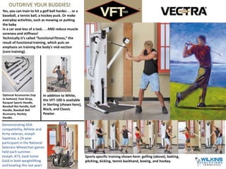 OUTDRIVE YOUR BUDDIES!
Yes, you can train to hit a golf ball harder. . . or a
baseball, a tennis ball, a hockey puck. Or make
everyday activities, such as mowing or putting
the baby
in a car seat less of a task. . . AND reduce muscle
soreness and stiffness!
Technically it’s called “functional fitness,” the
result of functional training, which puts an
emphasis on training the body’s mid-section
(core training).
Sports specific training shown here: golfing (above), batting,
pitching, kicking, tennis backhand, boxing, and hockey.
Optional Accessories (top
to bottom): Foot Strap,
Racquet Sports Handle,
Baseball Bat Handle, Golf
Handle, Baseball Ball
Accessory, Hockey
Handle..
In addition to White,
the VFT-100 is available
in Sterling (shown here),
Black, and Classic
Pewter.
Demonstrating ADA
compatibility, Athlete and
Army veteran, Joseph
Sapienza, a 24-year
participant in the National
Veterans Wheelchair games
held each summer.
Joseph, #73, took home
Gold in both weightlifting
and bowling this last year!
ADA