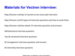 Materials for Vectren interview:
http://4career.net/top-12-secrets-to-win-every-job-interviews
http://4career.net/13-types-of-interview-questions-and-how-to-sovle-them
http://4career.net/free-ebook-75-interview-questions-and-answers
440 behavioral interview questions
Top 36 situational interview questions
95 management interview questions and answers
45 internship interview questions
 
