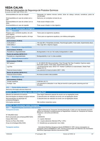 VEDA CALHA
Ficha de Informações de Segurança de Produtos Químicos
De acordo com ABNT NBR 14725-4: 2014
14/05/2020 PT (português - BR) Número da FISPQ: 52 6/7
Sintomas/efeitos em caso de inalação : Depressão do sistema nervoso central, dores de cabeça, tonturas, sonolência, perda de
coordenação.
Sintomas/efeitos em caso de contato com a
pele
: Nenhuma, em condições normais de uso.
Sintomas/efeitos em caso de contato com os
olhos
: Pode causar irritação ocular.
Sintomas/efeitos em caso de ingestão : Pode causar irritação no trato digestivo.
SEÇÃO 12: Informações ecológicas
12.1. Toxicidade
Perigoso para o ambiente aquático, de curto
prazo (agudo)
: Tóxico para os organismos aquáticos.
Perigoso para o ambiente aquático, de longo
prazo (crónico)
: Tóxico para os organismos aquáticos, com efeitos prolongados.
diclorometano (75-09-2)
CL50 peixes 1 193 mg/l (96 h, Pimephales promelas, Flow-through system, Fresh water, Experimental value)
CE50 Dáfnia 1 168,2 mg/l (48 h, Daphnia magna)
12.2. Persistência e degradabilidade
diclorometano (75-09-2)
Persistência e degradabilidade Biodegradable in the soil. Not readily biodegradable in water.
Resina de petróleo (64742-16-1)
Persistência e degradabilidade Biodegradability in soil: no data available.
12.3. Potencial bioacumulativo
diclorometano (75-09-2)
BCF peixes 1 2 - 40 (OECD 305: Bioconcentration: Flow-Through Fish Test, 6 week(s), Cyprinus carpio,
Semi-static system, Fresh water, Experimental value, GLP)
Log Pow 1,25 (Experimental value, OECD 107: Partition Coefficient (n-octanol/water): Shake Flask
Method, 20 °C)
Potencial bioacumulativo Low potential for bioaccumulation (BCF < 500).
Resina de petróleo (64742-16-1)
Potencial bioacumulativo No bioaccumulation data available.
12.4. Mobilidade no solo
diclorometano (75-09-2)
Tensão superficial 0,028 N/m (20 °C)
Ecologia - solo Low potential for adsorption in soil. May be harmful to plant growth, blooming and fruit
formation.
12.5. Outros efeitos adversos
Nenhuma informação adicional disponível
SEÇÃO 13: Considerações sobre destinação final
Métodos de tratamento de resíduos : Deve seguir tratamento especial de acordo com as legislações locais.
Recomendações de despejo de águas residuais : O descarte deve ser realizado de acordo com as legislações oficiais.
Recomendações de disposição de
produtos/embalagens
: O descarte deve ser realizado de acordo com as legislações oficiais.
Informações adicionais : Não reutilizar recipientes vazios.
SEÇÃO 14: Informações sobre transporte
14.1 Regulamentações nacionais e internacionais
Transporte terrestre Agência Nacional de Transporte Terrestre,Resolução nº 5232, de 14 de dezembro de 2016 -
Aprova as Instruções Complementares ao Regulamento Terrestre do Transporte de Produtos
Perigosos, e dá outras providências.
Nº ONU(RES 5232) : 1133
Nome apropriado para embarque(RES 5232) : ADESIVOS
Classe (RES 5232) : 3 - Líquido inflamável
Número de Risco (Res 5232) : 33 - Líquido altamente inflamável (PFg < 23ºC)
Grupo de embalagem(Res 5232) : II - Substâncias que apresentam risco médio
Transporte marítimo International Maritime Dangerous Goods,NORMAM 02 / DPC: barcos empregados na
navegação interior,NORMAM 05 / DPC: Normas de Aprovação dos Materiais das Autoridades
Marítimas,Organização Marítima Internacional (OMI)
 