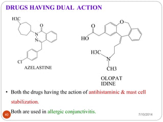 DRUGS HAVING DUAL ACTION 
H3C 
N 
N 
N 
Cl 
O 
AZELASTINE 
O 
O 
HO 
N 
H3C 
CH3 
OLOPAT 
IDINE 
• Both the drugs having the action of antihistaminic & mast cell 
stabilization. 
• Both are used in allergic conjunctivitis. 
40 7/10/2014 
 