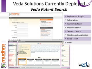 Veda Solutions Currently Deployed
            Veda Patent Search
                             Registration & log in
                             Subscription
                             Payment Gateway
                             Keyword Search
                             Semantic Search
                             Rich Internet Application
                             Saved Search
                             Filters




10
 