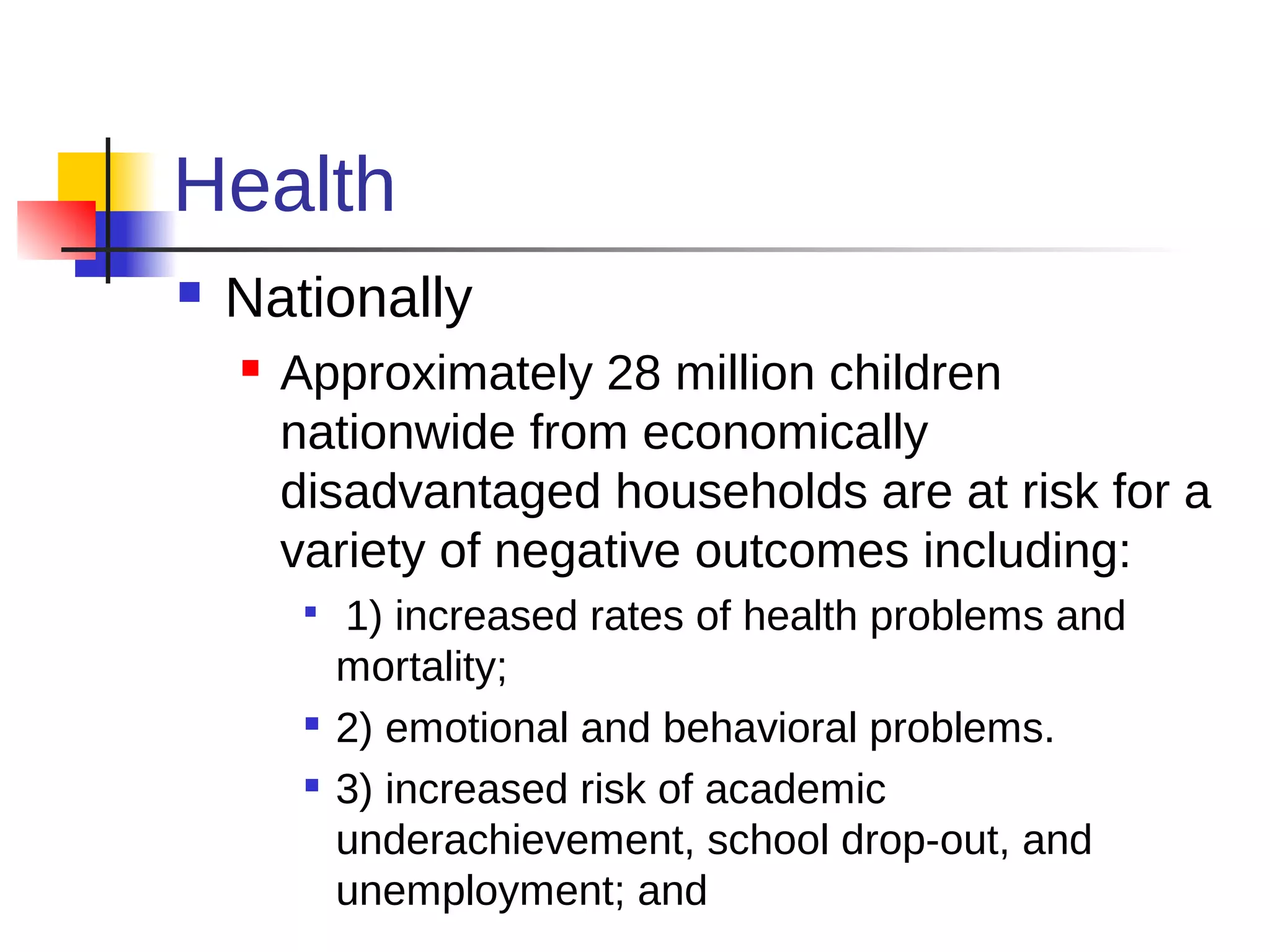 Health
   Nationally
       Approximately 28 million children
        nationwide from economically
        disadvantaged households are at risk for a
        variety of negative outcomes including:
         
             1) increased rates of health problems and
             mortality;
         
             2) emotional and behavioral problems.
            3) increased risk of academic
             underachievement, school drop-out, and
             unemployment; and
 