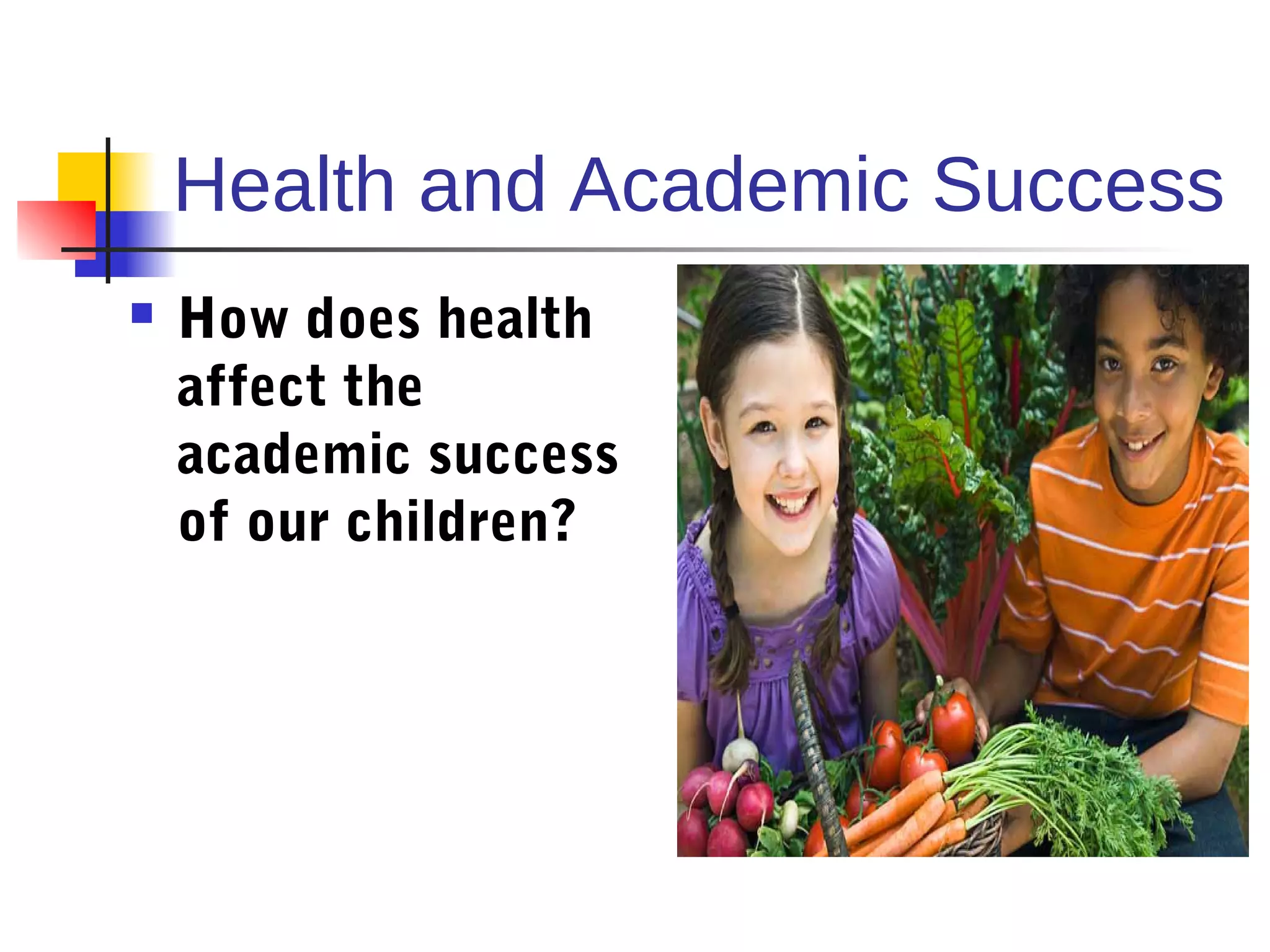 Health and Academic Success
   How does health
    affect the
    academic success
    of our children?
 