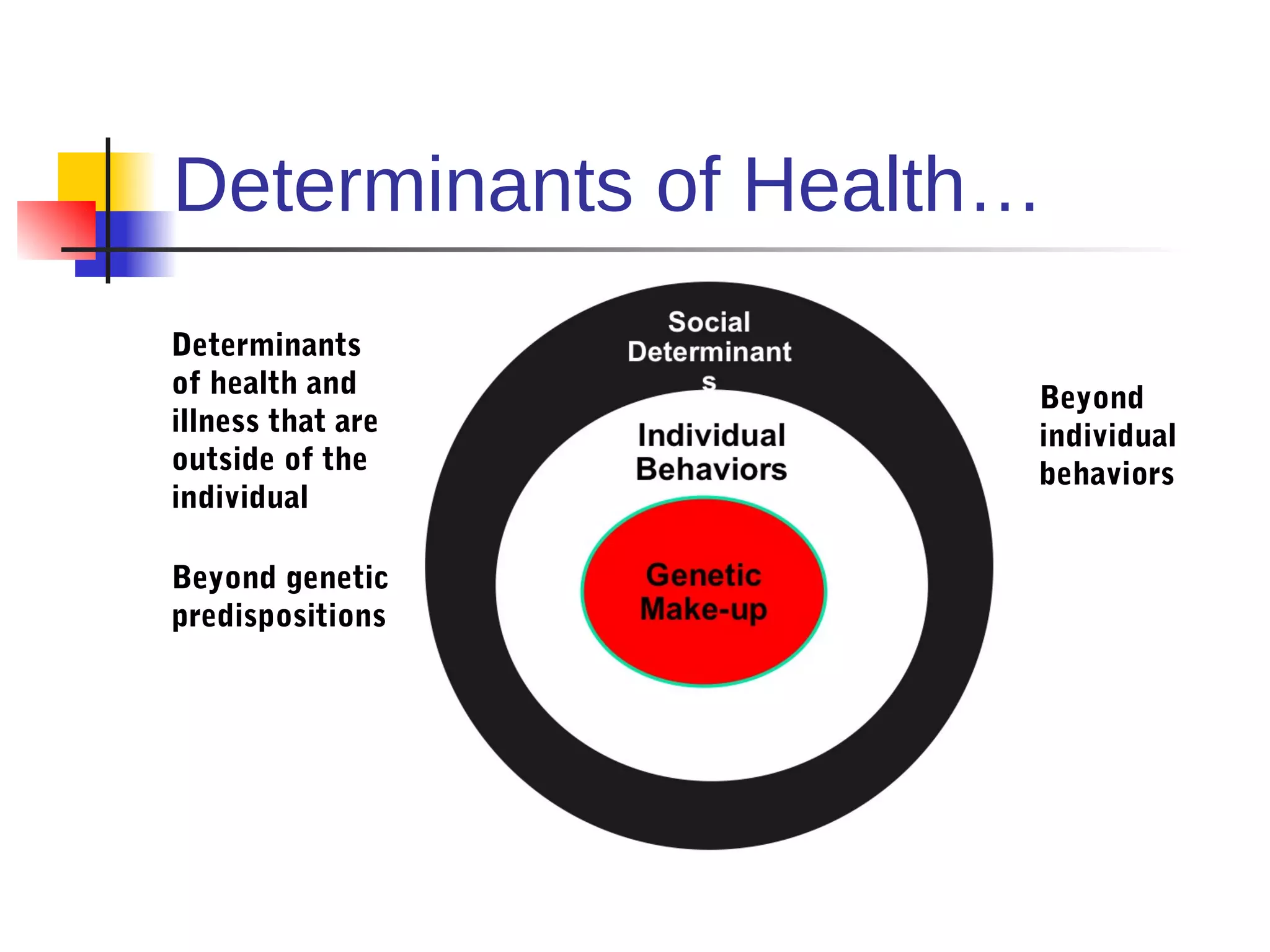 Determinants of Health…
Determinants
of health and         Beyond
illness that are      individual
outside of the        behaviors
individual

Beyond genetic
predispositions
 