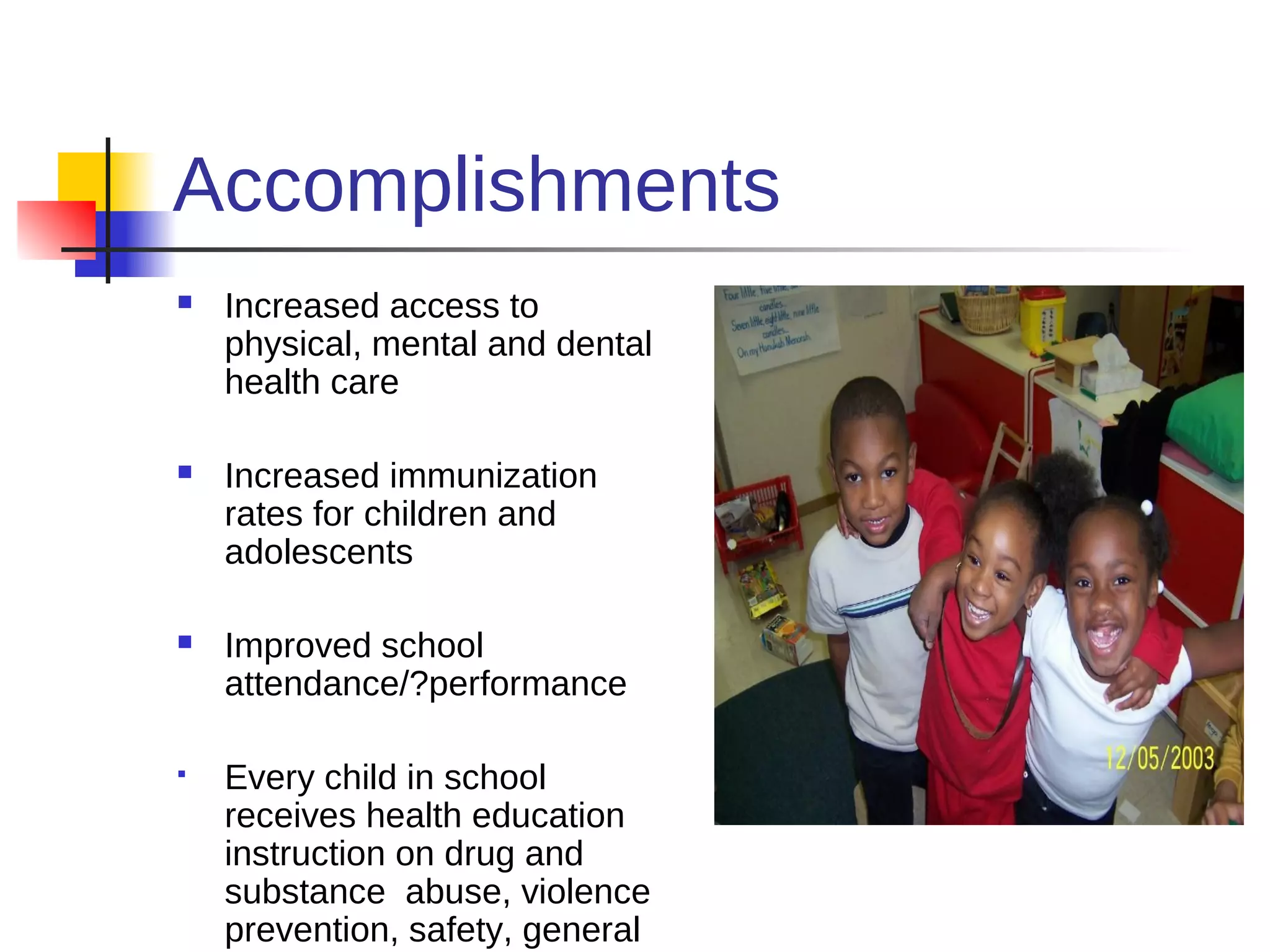Accomplishments
   Increased access to
    physical, mental and dental
    health care

   Increased immunization
    rates for children and
    adolescents

   Improved school
    attendance/?performance

   Every child in school
    receives health education
    instruction on drug and
    substance abuse, violence
    prevention, safety, general
 