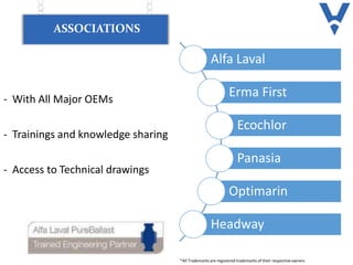 ASSOCIATIONS
- With All Major OEMs
- Trainings and knowledge sharing
- Access to Technical drawings
*All Trademarks are registered trademarks of their respective owners
Alfa Laval
Erma First
Ecochlor
Panasia
Optimarin
Headway
 