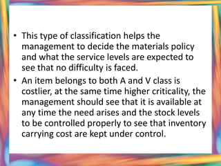 • This type of classification helps the
  management to decide the materials policy
  and what the service levels are expected to
  see that no difficulty is faced.
• An item belongs to both A and V class is
  costlier, at the same time higher criticality, the
  management should see that it is available at
  any time the need arises and the stock levels
  to be controlled properly to see that inventory
  carrying cost are kept under control.
 