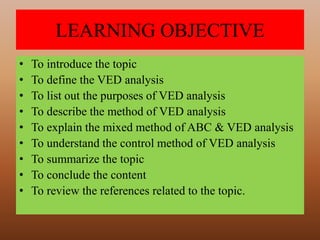 LEARNING OBJECTIVE
• To introduce the topic
• To define the VED analysis
• To list out the purposes of VED analysis
• To describe the method of VED analysis
• To explain the mixed method of ABC & VED analysis
• To understand the control method of VED analysis
• To summarize the topic
• To conclude the content
• To review the references related to the topic.
 