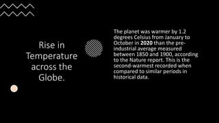 Rise in
Temperature
across the
Globe.
The planet was warmer by 1.2
degrees Celsius from January to
October in 2020 than the pre-
industrial average measured
between 1850 and 1900, according
to the Nature report. This is the
second-warmest recorded when
compared to similar periods in
historical data.
•
 