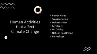 Human Activities
that affect
Climate Change
• Power Plants
• Transportation
• Deforestation
• Fertilizers
• Oil Drilling
• Natural Gas Drilling
• Permafrost
•
 