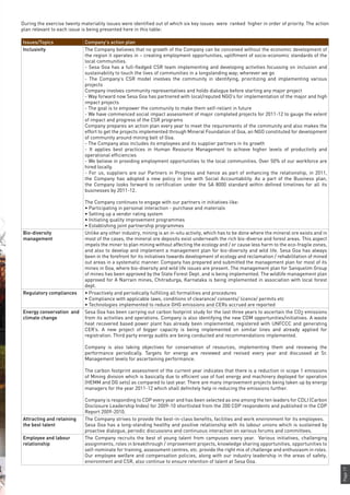 Page17
Issues/Topics Company's action plan
Inclusivity The Company believes that no growth of the Company can be conceived without the economic development of
the region it operates in – creating employment opportunities, upliftment of socio-economic standards of the
local communities.
- Sesa Goa has a full-fledged CSR team implementing and developing activities focussing on inclusion and
sustainability to touch the lives of communities in a longstanding way; wherever we go
- The Company’s CSR model involves the community in identifying, prioritizing and implementing various
projects
Company involves community representatives and holds dialogue before starting any major project
- Way forward now Sesa Goa has partnered with local/reputed NGO’s for implementation of the major and high
impact projects
- The goal is to empower the community to make them self-reliant in future
- We have commenced social impact assessment of major completed projects for 2011-12 to gauge the extent
of impact and progress of the CSR programs
Company prepares an action plan every year to meet the requirements of the community and also makes the
effort to get the projects implemented through Mineral Foundation of Goa, an NGO constituted for development
of community around mining belt of Goa.
- The Company also includes its employees and its supplier partners in its growth
- It applies best practices in Human Resource Management to achieve higher levels of productivity and
operational efficiencies
- We believe in providing employment opportunities to the local communities. Over 50% of our workforce are
hired locally.
- For us, suppliers are our Partners in Progress and hence as part of enhancing the relationship, in 2011,
the Company has adopted a new policy in line with Social Accountability. As a part of the Business plan,
the Company looks forward to certification under the SA 8000 standard within defined timelines for all its
businesses by 2011-12.
The Company continues to engage with our partners in initiatives like:
• Participating in personal interaction - purchase and materials
• Setting up a vendor rating system
• Initiating quality improvement programmes
• Establishing joint partnership programmes
Bio-diversity
management
Unlike any other industry, mining is an in-situ activity, which has to be done where the mineral ore exists and in
most of the cases, the mineral ore deposits exist underneath the rich bio-diverse and forest areas. This aspect
impels the miner to plan mining without affecting the ecology and / or cause less harm to the eco-fragile zones,
and also to develop and implement a management plan for bio-diversity and wild life. Sesa Goa has always
been in the forefront for its initiatives towards development of ecology and reclamation / rehabilitation of mined
out areas in a systematic manner. Company has prepared and submitted the management plan for most of its
mines in Goa, where bio-diversity and wild life issues are present. The management plan for Sanquelim Group
of mines has been approved by the State Forest Dept. and is being implemented. The wildlife management plan
approved for A Narrain mines, Chitradurga, Karnataka is being implemented in association with local forest
dept.
Regulatory compliances • Proactively and periodically fulfilling all formalities and procedures
• Compliance with applicable laws, conditions of clearance/ consents/ licence/ permits etc
• Technologies implemented to reduce GHG emissions and CERs accrued are reported
Energy conservation and
climate change
Sesa Goa has been carrying out carbon footprint study for the last three years to ascertain the CO2 emissions
from its activities and operations. Company is also identifying the new CDM opportunities/initiatives. A waste
heat recovered based power plant has already been implemented, registered with UNFCCC and generating
CER’s. A new project of bigger capacity is being implemented on similar lines and already applied for
registration. Third party energy audits are being conducted and recommendations implemented.
Company is also taking objectives for conservation of resources, implementing them and reviewing the
performance periodically. Targets for energy are reviewed and revised every year and discussed at Sr.
Management levels for ascertaining performance.
The carbon footprint assessment of the current year indicates that there is a reduction in scope 1 emissions
of Mining division which is basically due to efficient use of fuel energy and machinery deployed for operation
(HEMM and DG sets) as compared to last year. There are many improvement projects being taken up by energy
managers for the year 2011-12 which shall definitely help in reducing the emissions further.
Company is responding to CDP every year and has been selected as one among the ten leaders for CDLI (Carbon
Disclosure Leadership Index) for 2009-10 shortlisted from the 200 CDP respondents and published in the CDP
Report 2009-2010.
Attracting and retaining
the best talent
The Company strives to provide the best-in-class benefits, facilities and work environment for its employees.
Sesa Goa has a long-standing healthy and positive relationship with its labour unions which is sustained by
proactive dialogue, periodic discussions and continuous interaction on various forums and committees.
Employee and labour
relationship
The Company recruits the best of young talent from campuses every year. Various initiatives, challenging
assignments, roles in breakthrough / improvement projects, knowledge sharing opportunities, opportunities to
self-nominate for training, assessment centres, etc. provide the right mix of challenge and enthusiasm in roles.
Our employee welfare and compensation policies, along with our industry leadership in the areas of safety,
environment and CSR, also continue to ensure retention of talent at Sesa Goa.
During the exercise twenty materiality issues were identified out of which six key issues were ranked higher in order of priority. The action
plan relevant to each issue is being presented here in this table:
 
