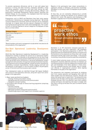 Page28
To promote operational efficiencies and be in tune with global best
practices in mining and other functions, employees attended a range
of training programs, conferences and mine visits during the year.
These covered many subjects including Benchmarking, Mergers and
Acquisitions, Sustainable Development, Mining Logistics, Business and
Climate Change, etc. As a practice, the employees share their learning
with larger groups in the Company.
Programmes such as GOLD and Navchetna have been quite popular
and effective in delivering our employee training objectives. We provide
numerous behavioural, functional, technical training to all our employees
internally, on a regular basis and also sponsor employees for external
training that would augment their skills and knowledge base. The number
of hours of training imparted to various categories of employees at Sesa
Goa is as shown below:
Employee Category Training (Hours)
Board / Senior Management* 152
Executive 29822
Non executive 14321
Trainees 2189
Total 46484
*Board members and senior management include whole-time directors &
vice presidents of the organisation
Gen-Next Operational Leadership Development
(GOLD)
GOLD (Gen-Next Operational Leadership Development) is a leadership
development initiative to develop the second line of operational leaders
in the organisation. The inductees to the programme are the stars (high
potential employees) and key position holders who are groomed over a six
month period with active interventions in personnel development, project
management skills and other introspective and experiential learning tools.
The programme aims at building attitude, outlook and skills necessary for
undertaking increased responsibilities, thereby shaping mind-sets and
the behaviour of participants. In the first batch of GOLD, 30 participants
across 12 functions and three locations were covered.
Their development needs are identified through 360 degree feedback
and a series of self-exploratory exercises, along with inputs from senior
people in the organization.
•	 Major needs identified from feedback
–	 Strategic thinking and problem solving
–	 Managing external environment and communication
–	 Delegation and team building
•	 Participants went through an intense learning programme comprising
the following
–	 Personal coaching
–	 Interventions from guide
–	 Workshops (problem solving and communication)
–	 Breakthrough projects with support from immediate superiors
Navchetna is an HR intervention designed especially for
Sesa Goa workers and their supervisors. 256 employees
participated in the Navchetna programme in 2010-11. The
programme was formulated with the intention of transforming
the workforce at the grassroots by filling them with energy,
enthusiasm and the urge to learn and change - in the process
inculcating a new attitude of proactive openness and pliability.
It covers today’s pressing issues such as the environment,
development, business objectives and how an employee can
contribute positively to these by imbibing the necessary skills
sets and knowledge of the latest advances in these areas.
Thus the employees become more flexible, open to change,
cost effective in organisational practices while aligning
themselves to the goals of the organisation.
The programme also empowers participants by analysing
their true creative potential and equipping them with the
latest insights from the behavioural sciences, attitudes and
values that would help to inspire them. The programme was
spread across two days covering topics which would help an
employee discover their true potential, teach them problem
solving techniques and exploring new ways to engage with
their team to bring out the best from each to enhance overall
productivity.
Creating a
proactive
work ethos
through attitudinal change
Navchetna
Majority of the participants have shown extraordinary to
significant changes in behaviour and business knowledge.
Gold Wave 2 is currently on with 37 employees as participants
this time.
At Sesa Goa, we are constantly endeavouring to provide
opportunities to improve the skillsets of our workforce and
enhance their career. We regularly send employees to ISM
Dhanbad to upgrade from ITI technical diplomas to degree.
Navchetna training in progress at Head Office, Panjim
 