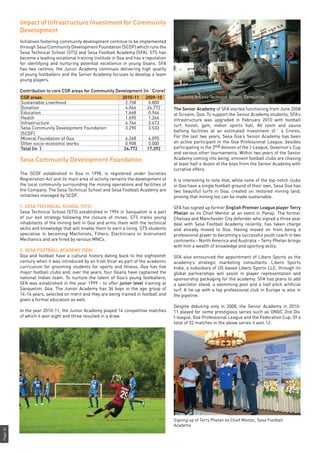 Page34
The Senior Academy of SFA started functioning from June 2008
at Sirsaim, Goa. To support the Senior Academy students, SFA’s
infrastructure was upgraded in February 2010 with football
turf, hostel, gym, indoor sports hall, AV room and sauna
bathing facilities at an estimated investment of ` 4 Crores.
For the last two years, Sesa Goa’s Senior Academy has been
an active participant in the Goa Professional League, besides
participating in the 2nd division of the I-League, Governor’s Cup
and various other tournaments. Within two years of the Senior
Academy coming into being, eminent football clubs are chasing
at least half a dozen of the boys from the Senior Academy with
lucrative offers.
It is interesting to note that, while none of the top-notch clubs
in Goa have a single football ground of their own, Sesa Goa has
two beautiful turfs in Goa, created on restored mining land,
proving that mining too can be made sustainable.
SFA has signed up former English Premier League player Terry
Phelan as its Chief Mentor at an event in Panaji. The former
Chelsea and Manchester City defender who signed a three year
deal with Sesa Football Academy recently, has taken charge
and already moved to Goa. Having moved on from being a
professional player to becoming a successful youth coach in two
continents - North America and Australia – Terry Phelan brings
with him a wealth of knowledge and sporting skills.
SFA also announced the appointment of Libero Sports as the
academy’s strategic marketing consultants. Libero Sports
India, a subsidiary of US based Libero Sports LLC, through its
global partnerships will assist in player representation and
sponsorship packaging for the academy. SFA has plans to add
a spectator stand, a swimming pool and a half pitch artificial
turf. A tie-up with a top professional club in Europe is also in
the pipeline.
Despite debuting only in 2008, the Senior Academy in 2010-
11 played for some prestigious series such as ONGC 2nd Div.
I-league, Goa Professional League and the Federation Cup. Of a
total of 32 matches in the above series it won 12.
Impact of Infrastructure Investment for Community
Development
Initiatives fostering community development continue to be implemented
through Sesa Community Development Foundation (SCDF) which runs the
Sesa Technical School (STS) and Sesa Football Academy (SFA). STS has
become a leading vocational training institute in Goa and has a reputation
for identifying and nurturing potential excellence in young Goans. SFA
has two centres; the Junior Academy continues delivering high quality
of young footballers and the Senior Academy focuses to develop a team
young players.
Contribution to core CSR areas for Community Development (in ` Crore)
CSR areas 2010-11 2009-10
Sustainable Livelihood 2.158 0.800
Donation 4.046 24.772
Education 1.668 0.946
Health 1.690 1.266
Infrastructure 4.764 2.673
Sesa Community Development Foundation
(SCDF)
3.290 3.533
Mineral Foundation of Goa 6.248 4.095
Other socio-economic works 0.908 0.000
Total (in `) 24.772 17.392
Sesa Community Development Foundation
The SCDF established in Goa in 1998, is registered under Societies
Registration Act and its main area of activity remains the development of
the local community surrounding the mining operations and facilities of
the Company. The Sesa Technical School and Sesa Football Academy are
initiatives managed by SCDF.
1. SESA TECHNICAL SCHOOL (STS)
Sesa Technical School (STS) established in 1994 in Sanquelim is a part
of our exit strategy following the closure of mines. STS trains young
inhabitants of the mining belt in Goa and arms them with the technical
skills and knowledge that will enable them to earn a living. STS students
specialise in becoming Machinists, Fitters, Electricians or Instrument
Mechanics and are hired by various MNCs.
2. SESA FOOTBALL ACADEMY (SFA)
Goa and football have a cultural history dating back to the eighteenth
century when it was introduced by an Irish Vicar as part of the academic
curriculum for grooming students for sports and fitness. Goa has five
major football clubs and, over the years, four Goans have captained the
national Indian team. To nurture the talent of Goa’s young footballers,
SFA was established in the year 1999 - to offer junior level training at
Sanquelim, Goa. The Junior Academy has 36 boys in the age group of
14-16 years, selected on merit and they are being trained in football and
given a formal education as well.
In the year 2010-11, the Junior Academy played 14 competitive matches
of which it won eight and three resulted in a draw.
Students at Sesa Technical School, Sanquelim
Signing up of Terry Phelan as Chief Mentor, Sesa Football
Academy
 