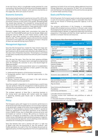 Page53
In the near future, there is considerable market potential for a low
cost producer like Sesa Goa to efficiently service the global seaborne
iron ore trade. There are, however, some external uncertainties on
the supply side, which are causes of concern.
Economic Scenario
World output growth was back in positive territory at 5% in 2010, after
contracting by 0.5% in the previous year. Emerging and developing
economies continue to drive most of this growth. Renewed growth
has revived steel demand. This provided for strong demand pull
right across the ferrous metal value chain. China and India are also
back on their high growth momentum. India grew by 8.6% in 2010-
11, while China recorded a growth of around 10% in 2010.
Estimates suggest that global steel consumption has grown by
around 1.5x of world GDP growth over the last decade. Global steel
production rose by 16.8%, to 1,414 million tonnes in 2010. Such
growth in steel output resulted in a strong demand for iron ore
and met coke. This, coupled with logistics and environment related
constraints on the supply side, saw significant increase in the price
of these raw materials during much of 2010-11.
Management Approach
Sesa Goa (the Company) has created the ‘Sesa’ brand image over
the years which speaks of assured quality, timely supply and the
best treatment to all its vendors and contractors who are partners in
the value chain of Sesa Goa’s business. The Company is committed
to high levels of productivity and technical efficiency with innovative
practices.
Over the past few years, Sesa Goa has been growing profitably
and at a rapid pace. The lessons learnt and experience gained has
given the Company the conviction to set a time bound target for
aggressive growth.
Sesa Goa’s ability to continuously deliver value to its stakeholders
and build capabilities and capacities to foster growth in the long
term is governed by its ability to:
•	 Understand the dynamics of the business environment
•	 Strategically position itself to maximise opportunities in this
environment
•	 Excellence in execution
•	 Maintain financial prudence and invest in the right ventures
which enhance business operations
Sesa Goa’s growth is dependent on its positioning as a world class
‘low cost’ producer. Hence the management is fully focused on cost
reduction by increasing the scale of operations, asset optimization
and developing the resource base.
The strategic approach of Sesa Goa in executing business in
the mining sector and dealing with market cycles has helped
in delivering relatively good results even in adverse business
conditions.
Policy
The Company’s policy with respect to its economic performance is
drivenbythevisiontobeoneofthetopfourironoreminingcompanies
in the world with a target of 50 million tonnes production and sales
by 2012-13. There has been a revision to this. In 2010-11, we did not
renew our agreement for third party operations at the Thakurani
mines in Barbil, Orissa, due to unfavorable commercial terms, and
terminated our contract in Orissa. We continue to maintain our
target for increasing ore production in Goa and Karnataka to 40
million tonnes. Although we made satisfactory progress in logistics,
mining and processing capacities, we are awaiting certain statutory
clearances for increasing iron ore production.
Sesa Goa believes that such a position will give it a right mix
of global scale with the positioning of ‘low cost producer’ with
flexible operations. As a part of this, the Company has pursued an
aggressive policy of enhancing production from all its operations by
exploiting core skills of iron ore mining, adding additional resources
through exploration and acquisition of other iron ore businesses
and contributing to the development of the communities we operate
in, and the Indian economy at large.
Goals and Performance
At the Group level, the Company’s goals include achieving leadership
in each of its business segments within a reasonable time frame,
driven by the mission of enhancing production capacity in all its
segments.
The economic performance of the Company is commendable,
despite difficult global business conditions. In the year under review
the Company has set new records in annual sales revenue, net profit
and dividend payout. Besides, an aggressive exploration and drilling
programme in Karnataka and Goa has shown significant success
and led to increased reserves and resources.
Direct Economic Value Generated and Distributed
(` in Crore)
Direct economic value
generated (A)
2008-09 2009-10 2010-11
Net turnover (net of ocean freight)
- Iron ore 4235.47 5,169.69 8,386.56
- Metallurgical coke* 142.47 143.82 152.42
- Pig iron* 655.91 596.03 737.11
- Other income** 222.45 419.06 532.57
Total 5256.30 6,328.60 9,808.66
Economic value distributed (B)
Cost of materials, goods and
services
2071.35 2208.97 2,776.46
Personnel expenses 99.93 169.06 207.08
Interest Charges 0.99 51.72 86.90
Taxes and royalties 1055.77 1,212.96 2,454.44
Dividends 177.13 270.06 304.18
Community contributions *** 11.81 18.25 24.77
Total 3416.98 3931.02 5,853.83
Economic value added (A-B) 1839.32 2397.58 3,954.83
Production by principal commodities
Iron ore (million tons) # 14.35 19.22 18.80
Metallurgical coke (tons) 224216 262424 263269
Pig iron (tons) 217114 278747 276117
Sesa Community Development
Foundation
5.12 3.53 3.29
Community contributions 6.69 14.72 21.48
* Includes amount of excise duty.
**Includes income from investment and profit/loss on sales of
investment.
*** Excludes Donation to Political Parties
# Quantitative details are in Dry Metric Tonnes (DMT’s)
 