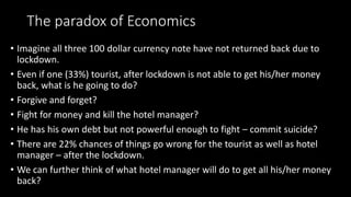 The paradox of Economics
• Imagine all three 100 dollar currency note have not returned back due to
lockdown.
• Even if one (33%) tourist, after lockdown is not able to get his/her money
back, what is he going to do?
• Forgive and forget?
• Fight for money and kill the hotel manager?
• He has his own debt but not powerful enough to fight – commit suicide?
• There are 22% chances of things go wrong for the tourist as well as hotel
manager – after the lockdown.
• We can further think of what hotel manager will do to get all his/her money
back?
 