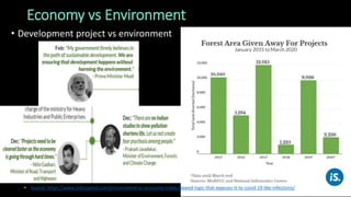 Economy vs Environment
• Development project vs environment
•
• Source: https://www.indiaspend.com/environment-vs-economy-indias-flawed-logic-that-exposes-it-to-covid-19-like-infections/
 